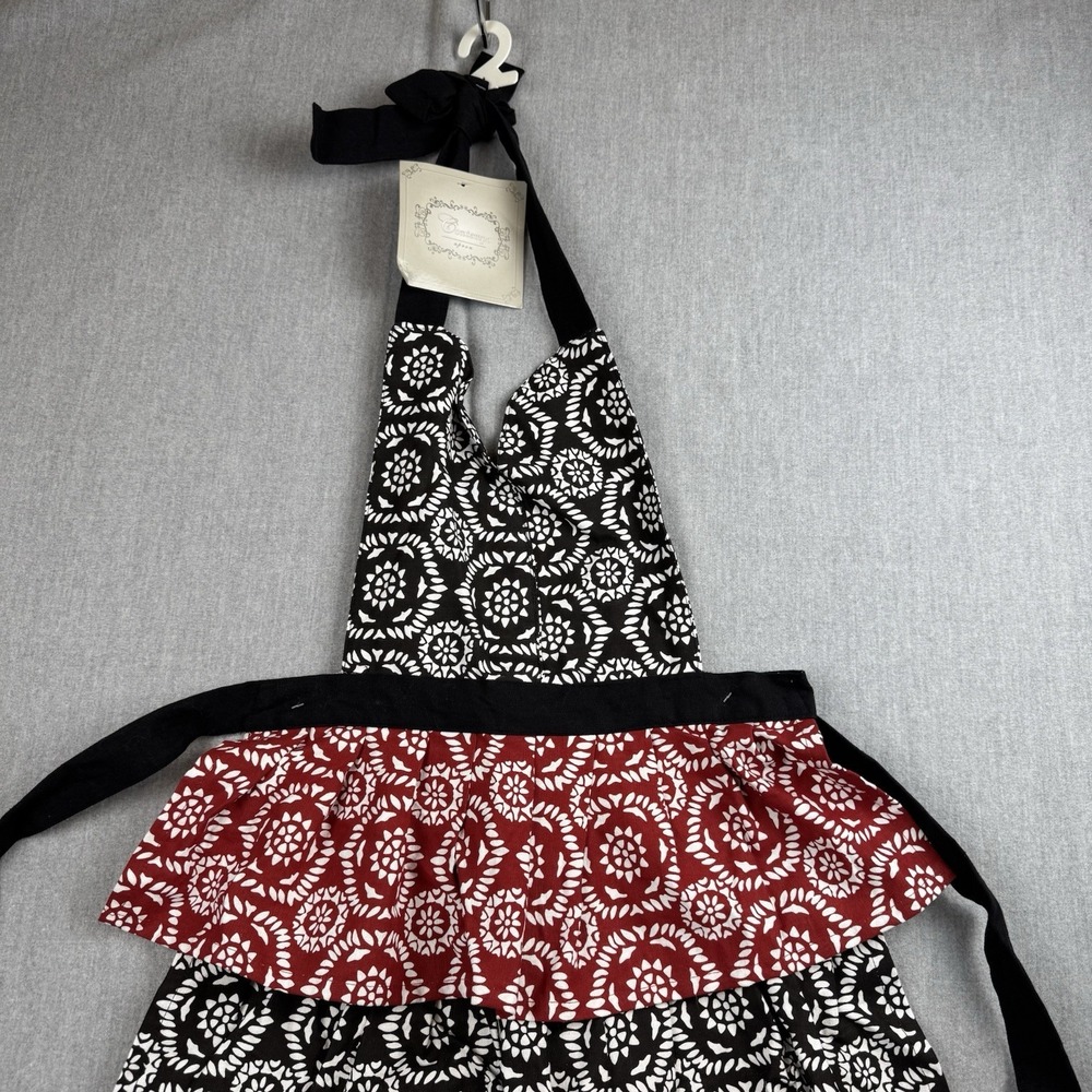 NWT Contempt‎ Apron Ruffles Country tie Black Maroon and white - Picture 3 of 10